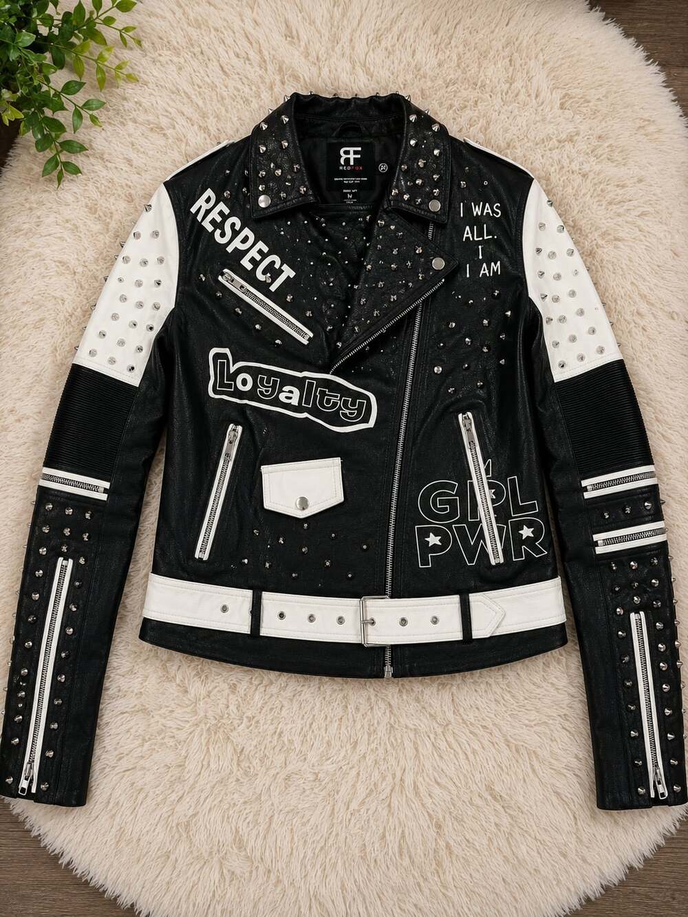 RedFox Black Faux Leather GRL PWR Studded Moto Jacket Women's Medium Punk Rock B